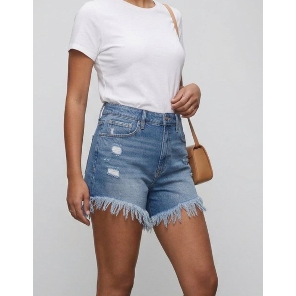 Good American High Rise Cut Off Denim Shorts Blue Distressed 2/26
